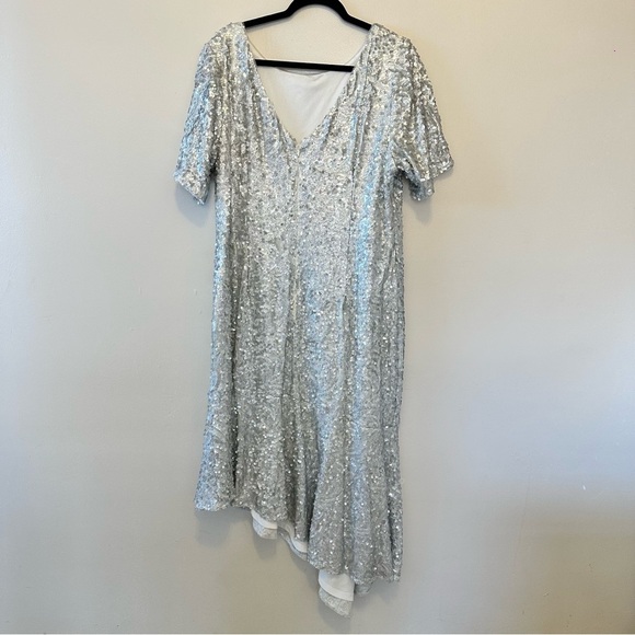 Adrianna Papell Plus Size Asymmetrical Hem Silver Sequin Dress - Picture 3 of 7